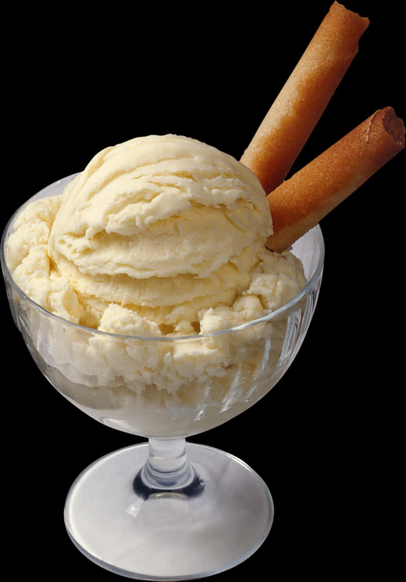 Vanilla Ice Cream Servingwith Wafer Sticks PNG