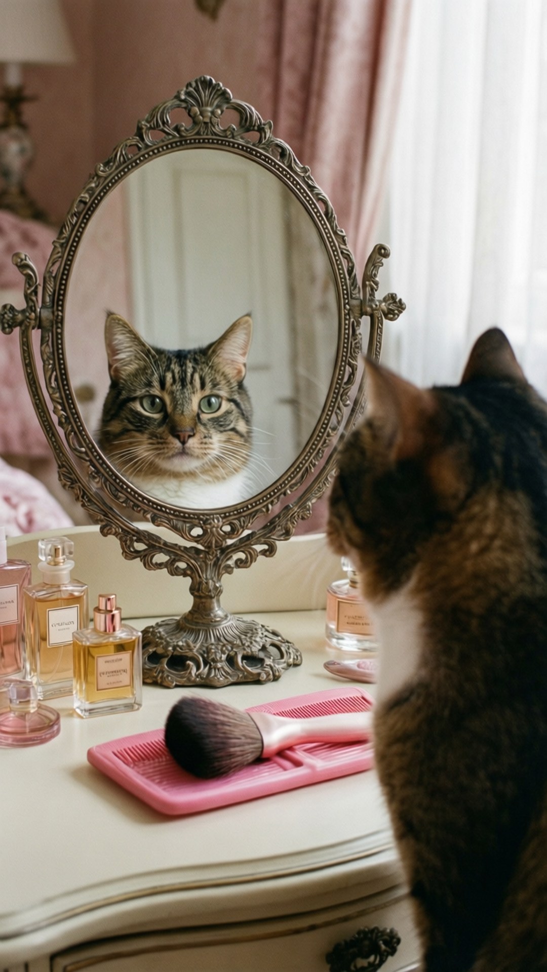 Gata Marie admirando seu reflexo em um espelho vintage em uma penteadeira.