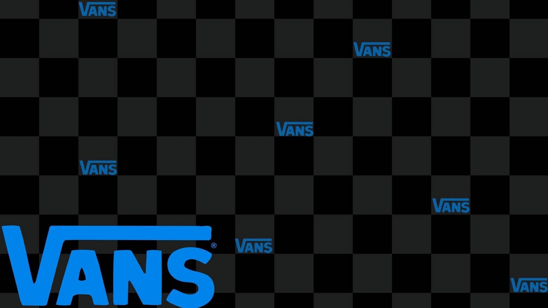 Beskriv Vans Logo sort og blå checkered wallpaper. Wallpaper