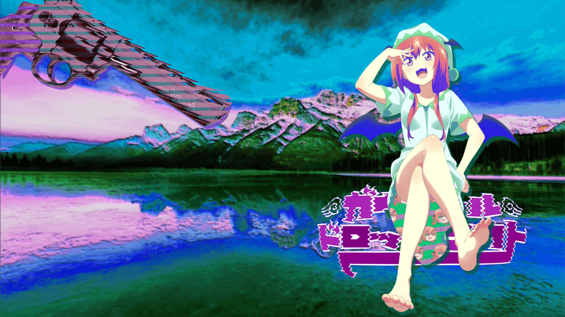 Personajede Anime Vaporwave Empuñando Una Pistola Púrpura En Un Mundo Surrealista Fondo de pantalla