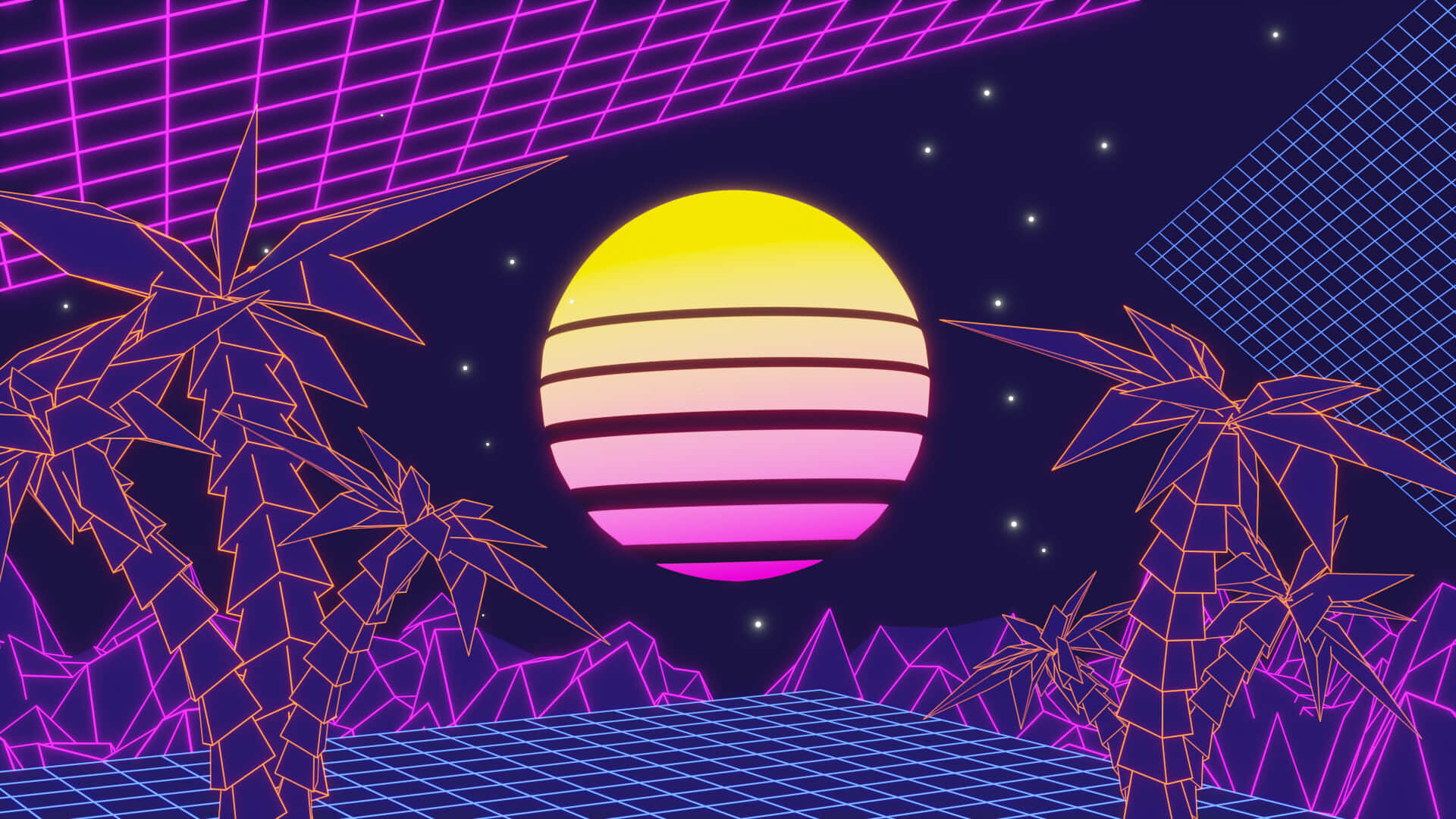 Moon With Neon Tropical Vaporwave Background