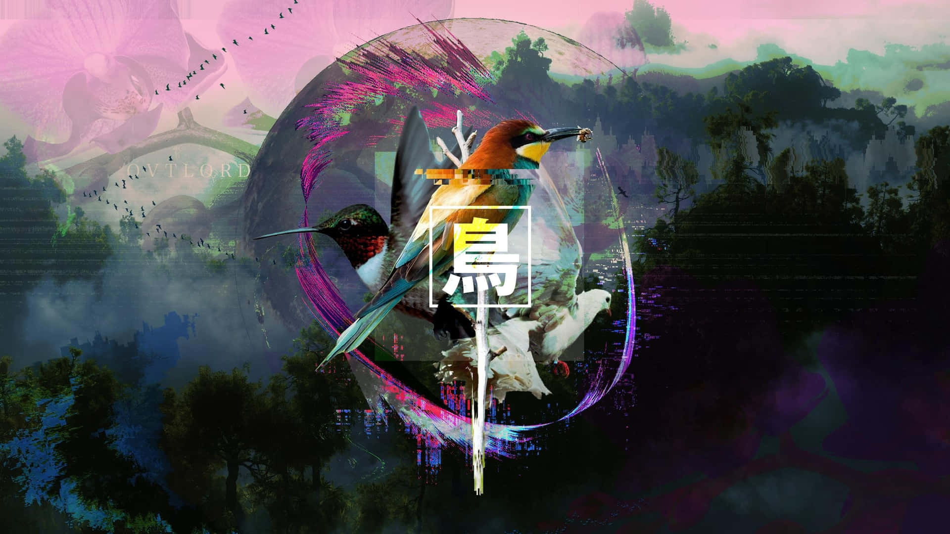 Abstract Birds With Vaporwave Digital Painting Background