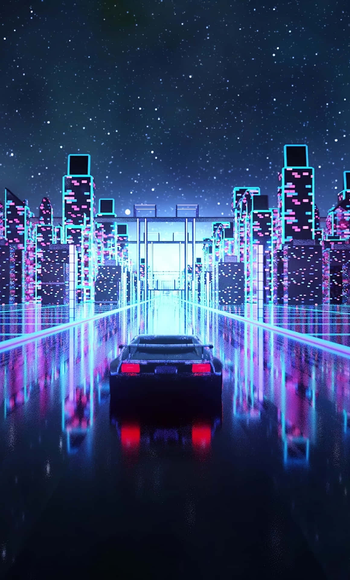 Car With Neon Lighted City Vaporwave Background