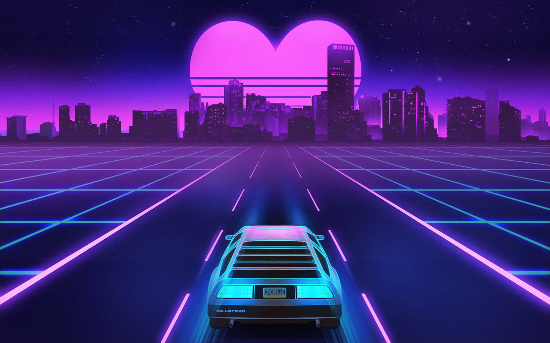 Car With Pink Neon Heart Moon Vaporwave Background