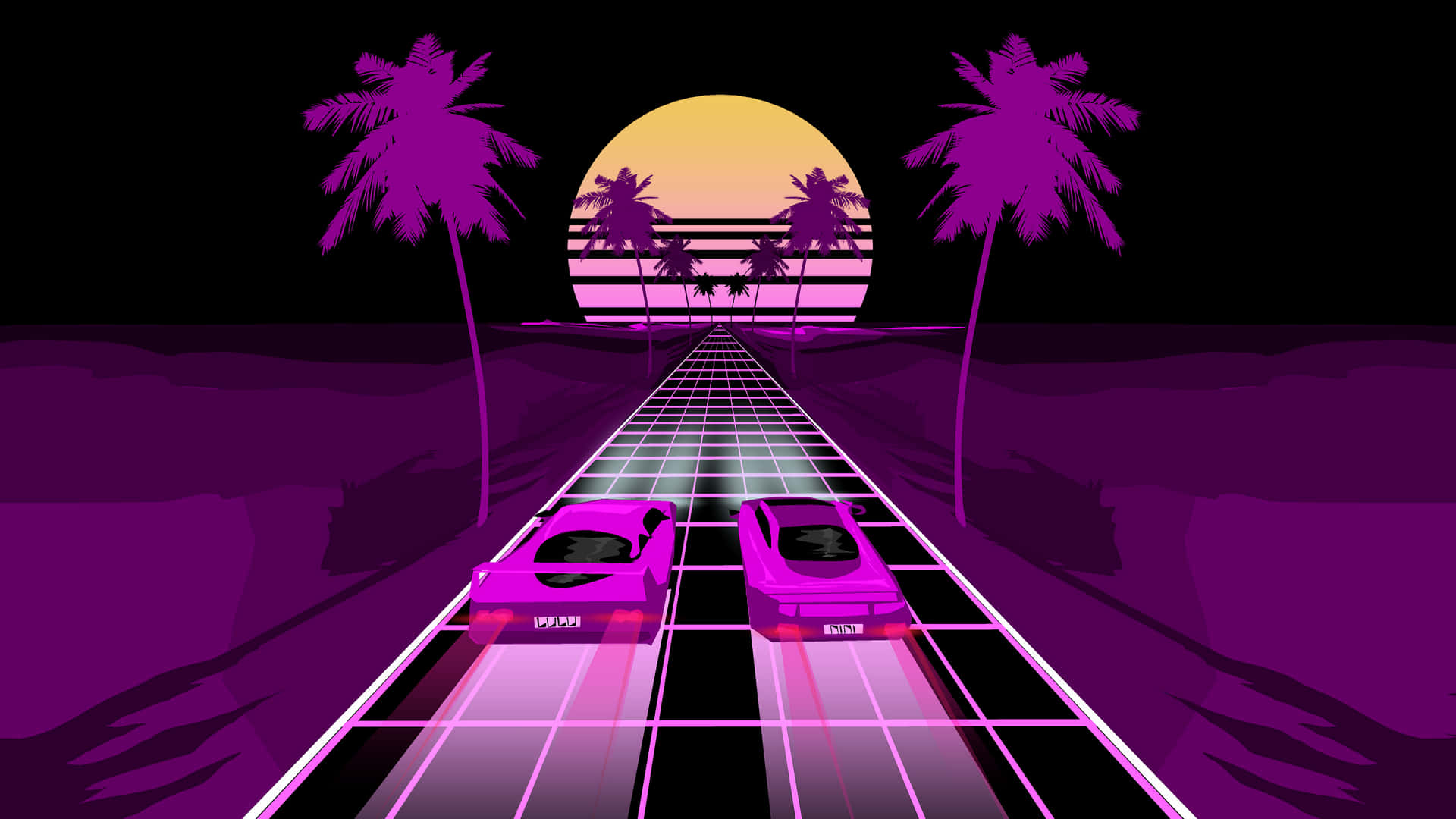 Purple Cars With Sunset Vaporwave Digital Art Background
