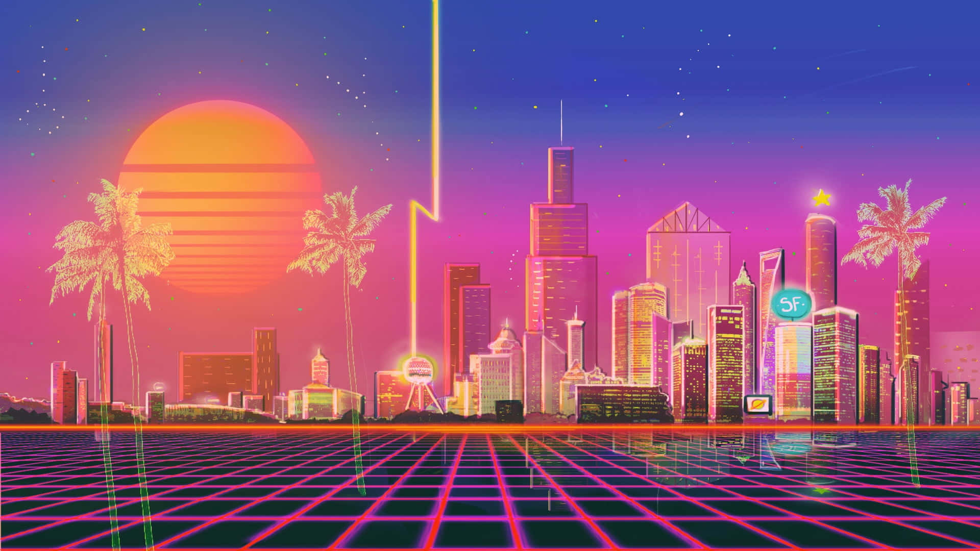 City Skyline Vaporwave Digital Illustration Background