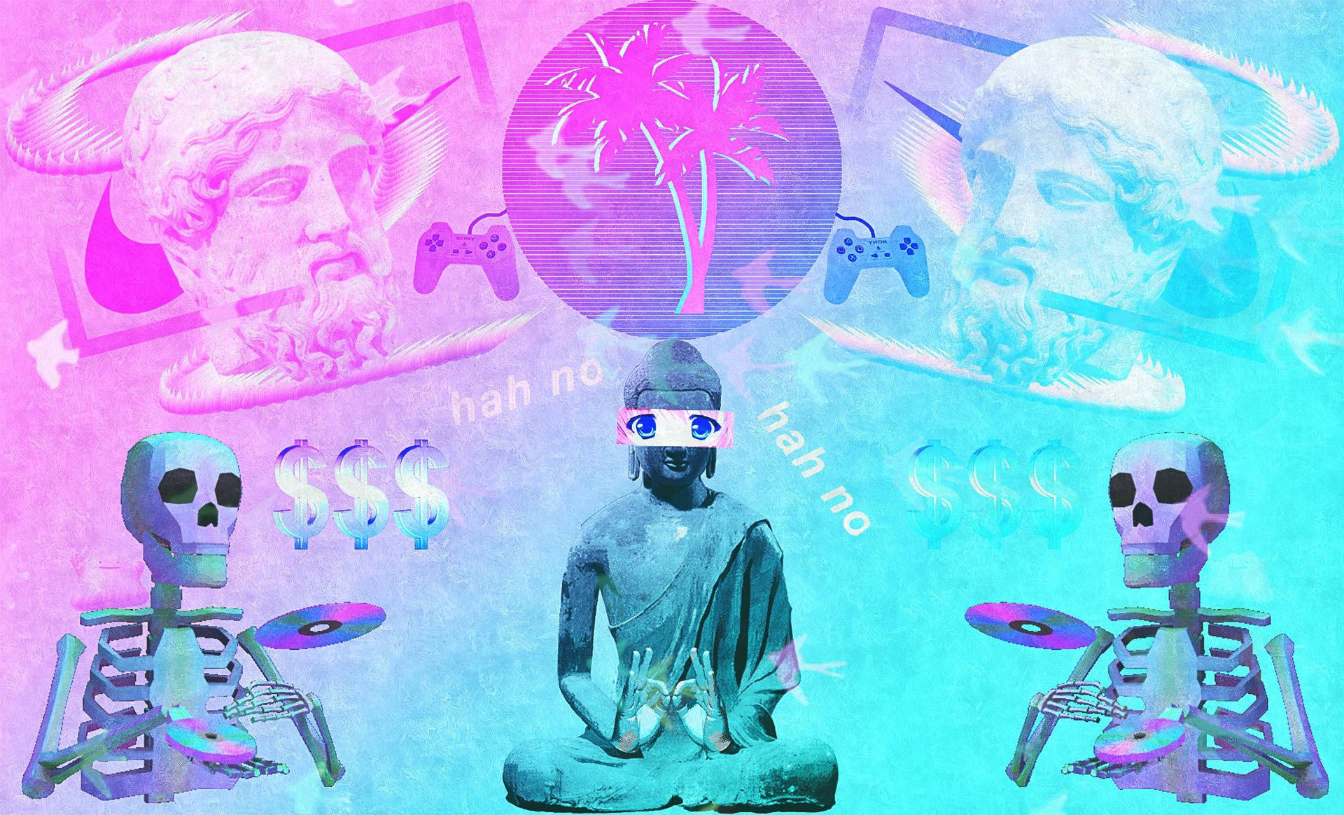Vaporwave Desktop Buddha Skeletter Wallpaper