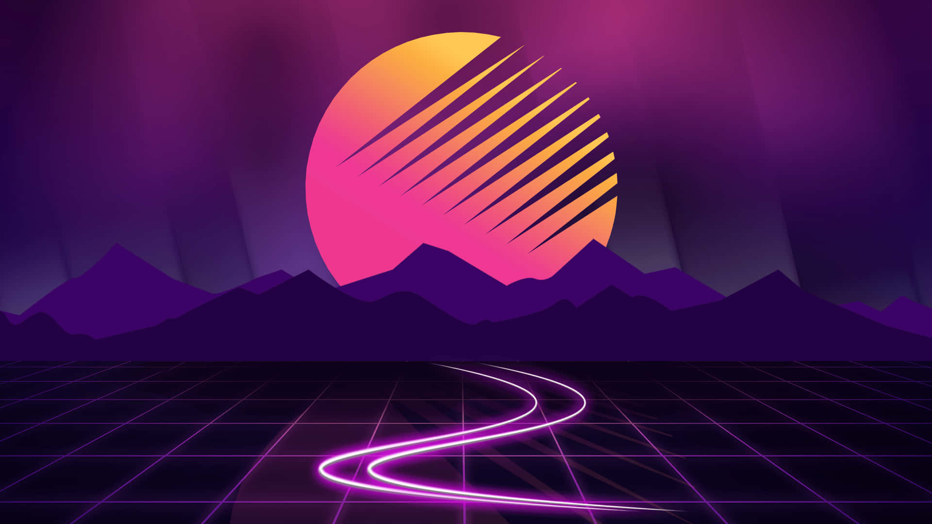 A Purple And Pink Background With A Mountain And A Road Wallpaper
