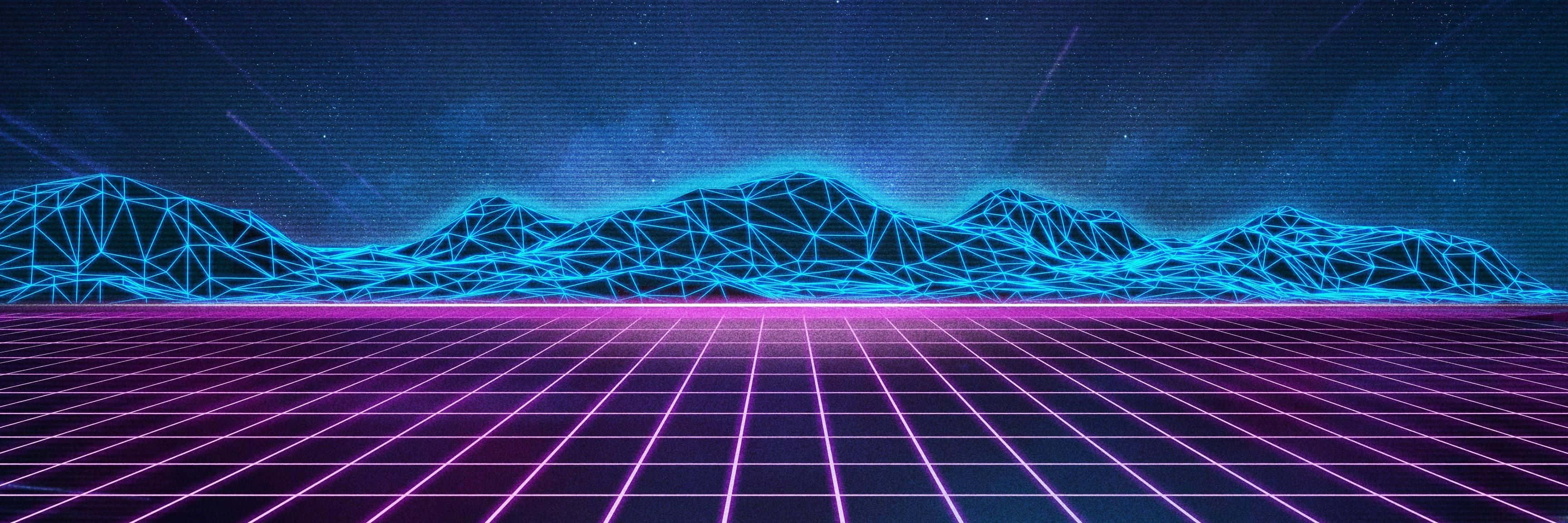 En neon baggrund med bjerge og et gitter af stjerner. Wallpaper