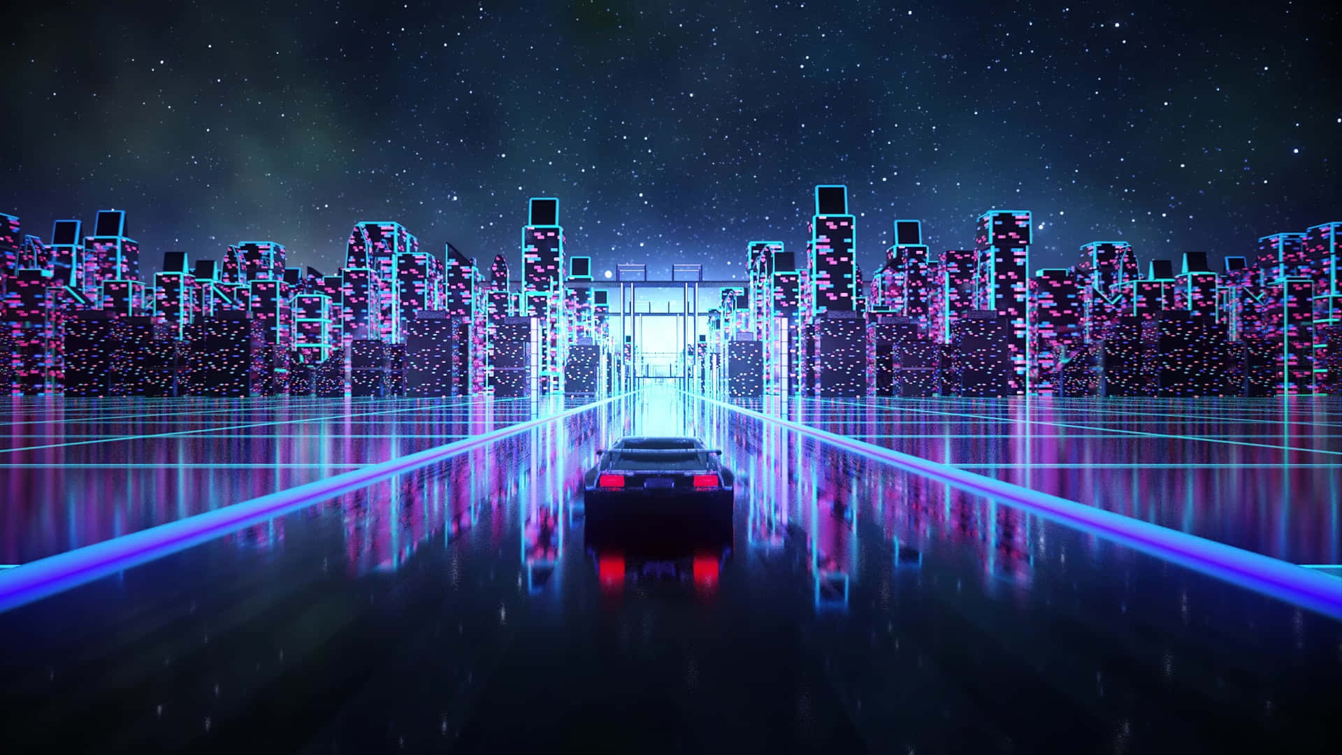 En fremtidig by med neon-lys og et bil-frit skylines Wallpaper