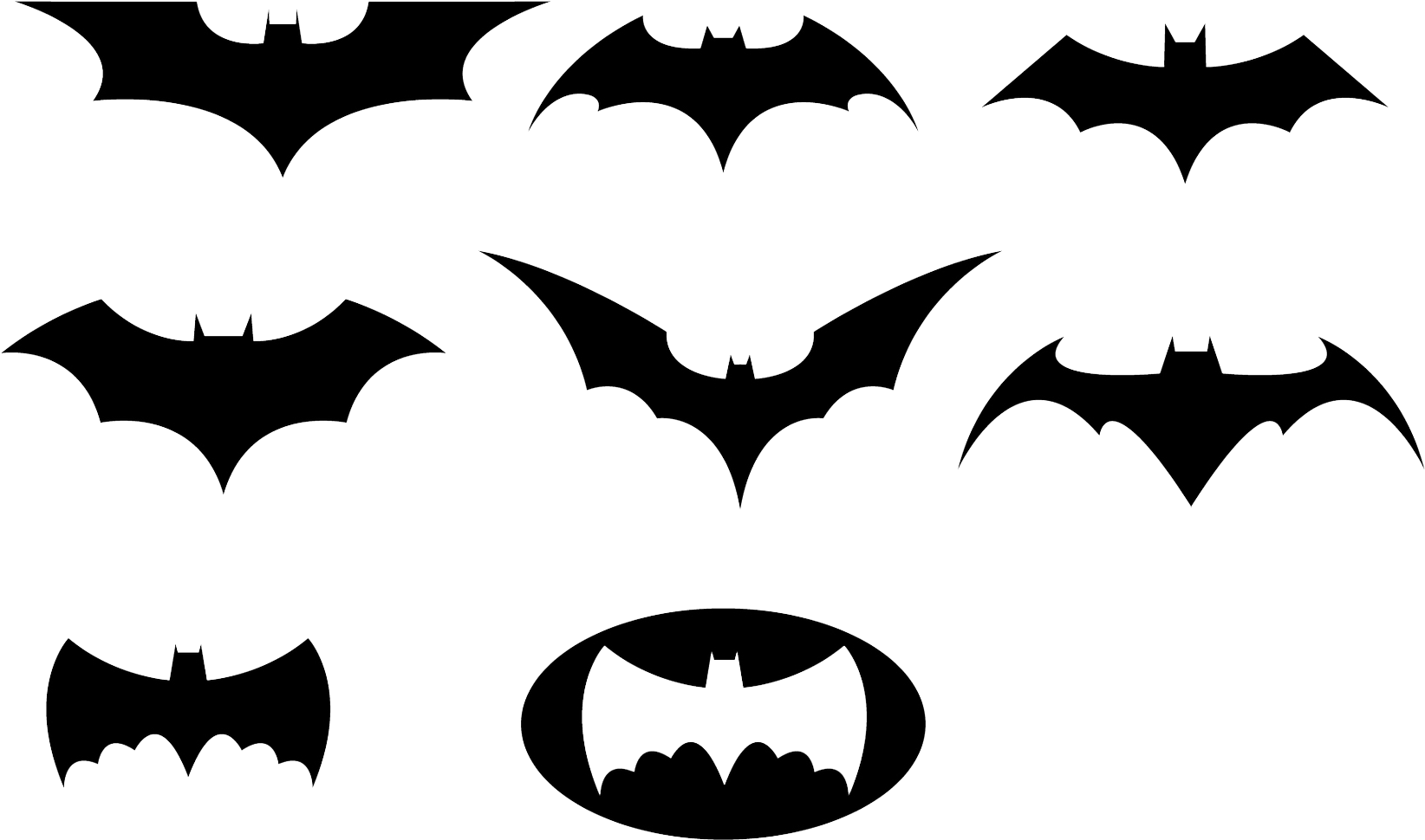 Variationsof Batman Logos PNG — White outlined bat silhouettes float against a solid black background in various sizes and orientations.