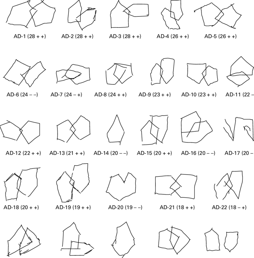 Variationsof Pentagons Pattern PNG — Grid of twenty-two labeled abstract geometric shapes with dashed outlines on muted teal background.