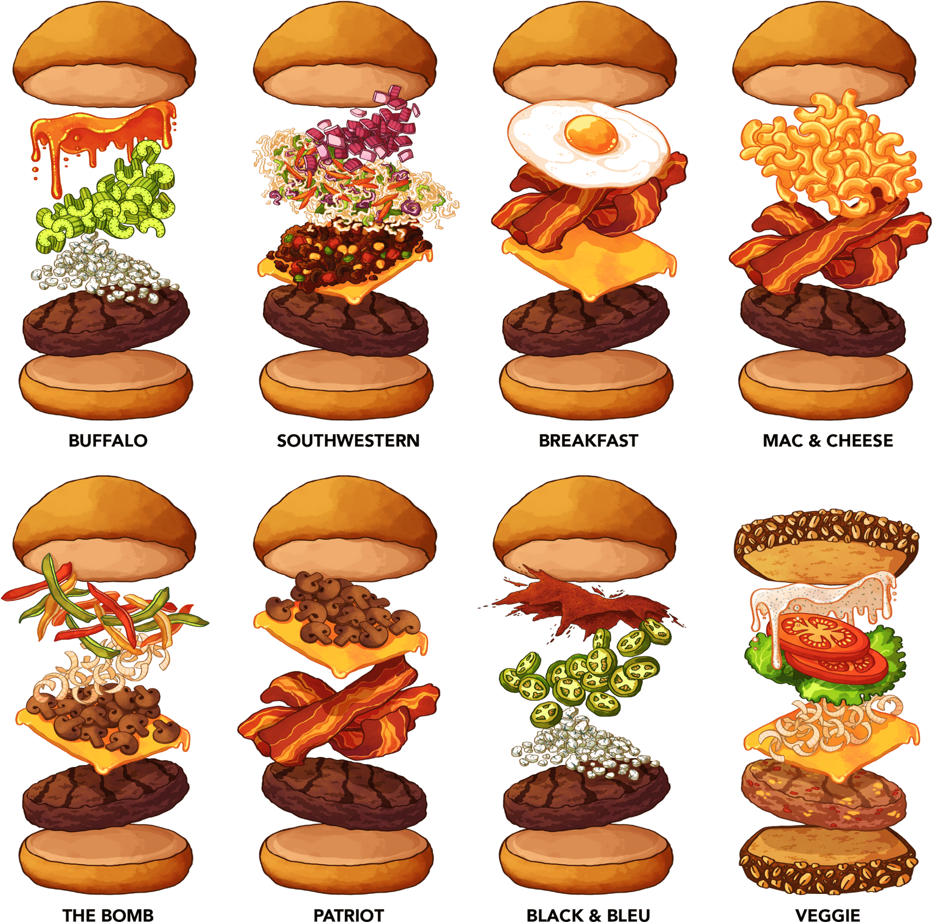Varietyof Gourmet Burgers Illustration PNG