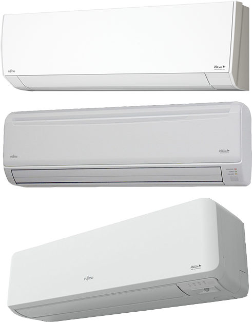 Various Modelsof Split A C Units PNG — Three white Fujitsu air conditioners shown in different angles against a black background.