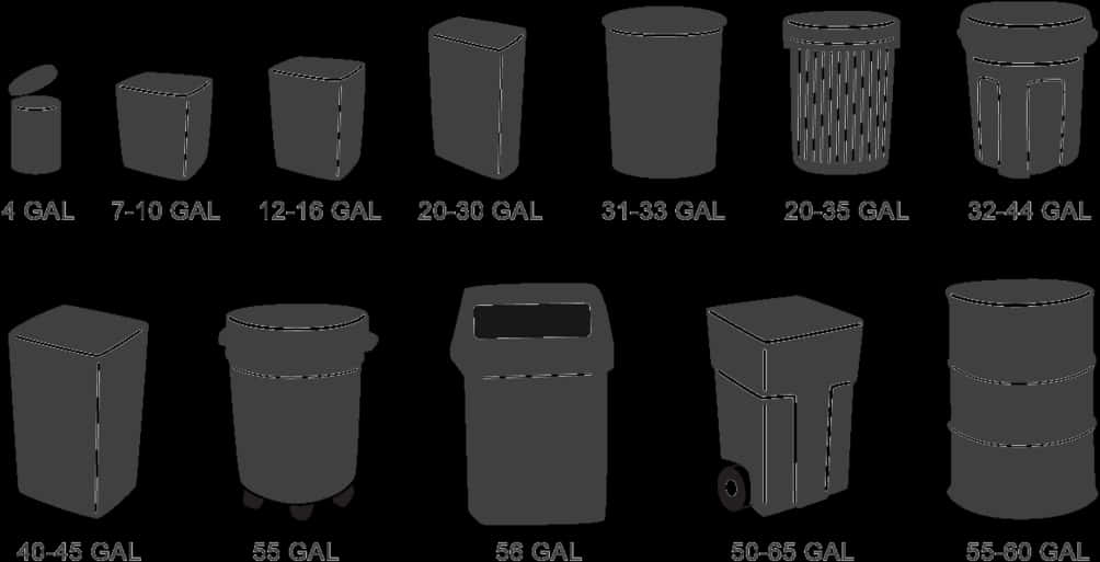 Various Trash Cans Size Comparison PNG