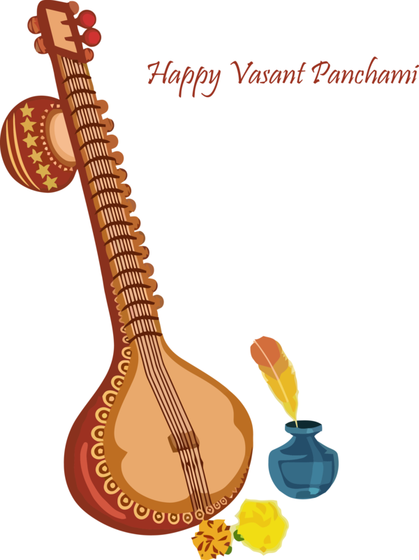 Vasant Panchami Celebration Veena Inkpot Flowers PNG