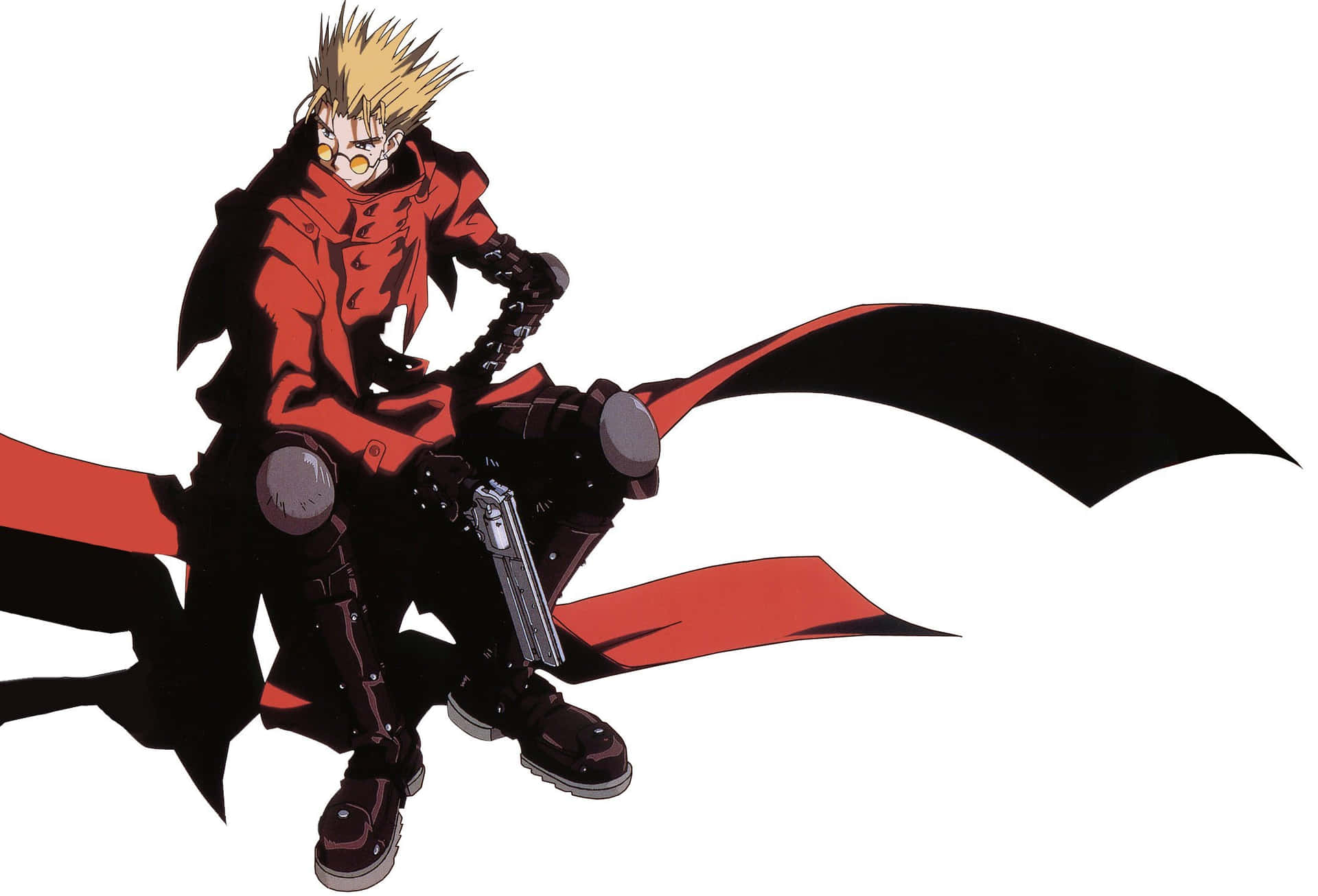 Vash the Stampede aiming with his gun in an action-packed scene Wallpaper