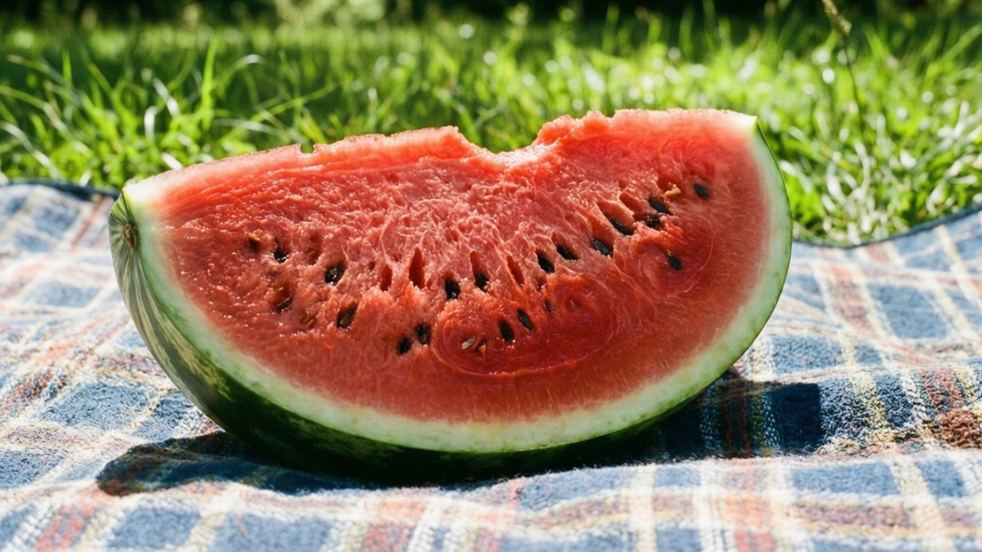 Watermelon Picnic Bliss Wallpaper — A juicy slice of watermelon with black seeds rests on a plaid blanket in bright sunlit grass.