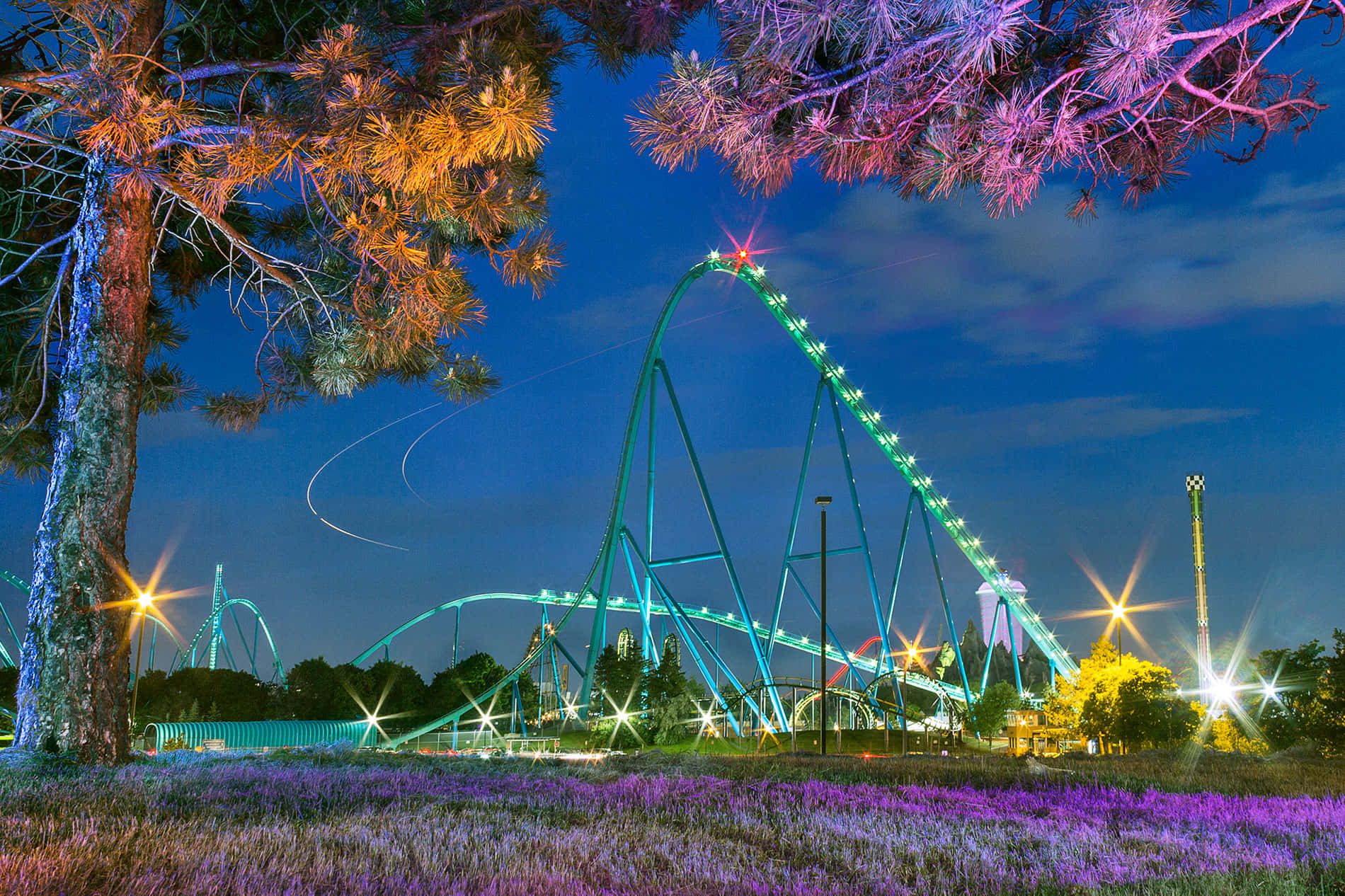 Pemandangan Malam Taman Hiburan Vaughan Roller Coaster Wallpaper