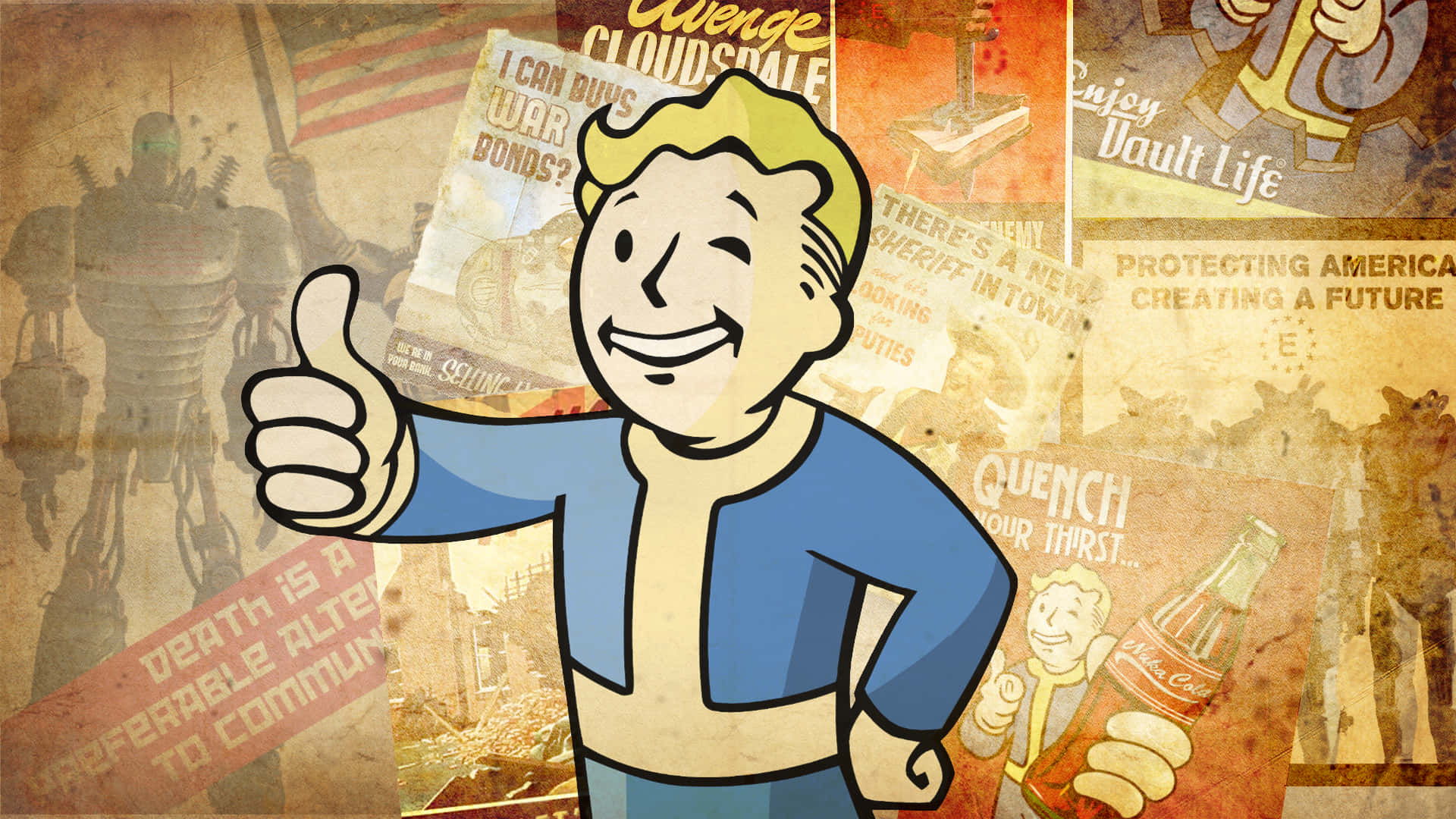Vault Boy - den ikoniske mascot fra Fallout-videospilserien pryder dette tapet. Wallpaper