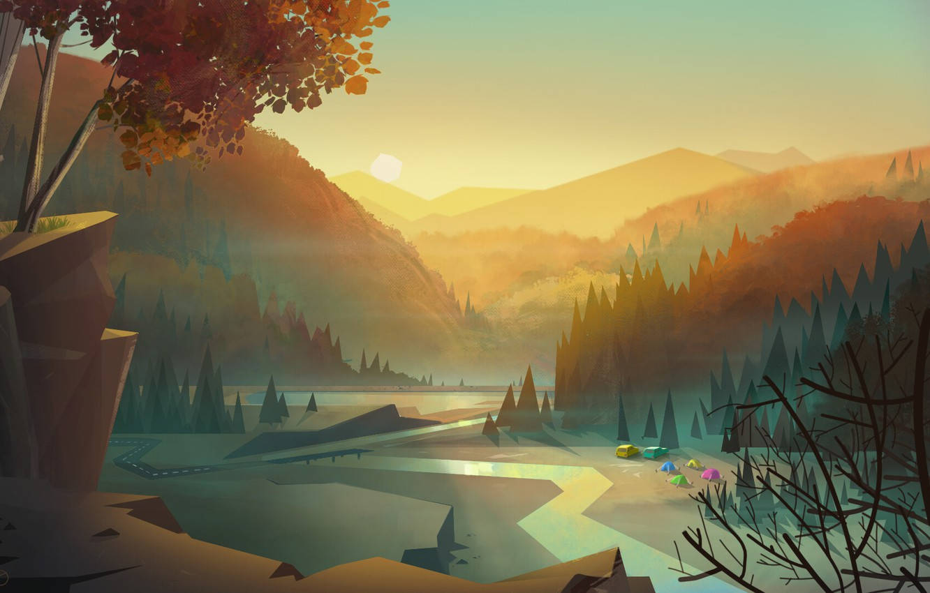 Vector Art Sunset And River View Wallpaper