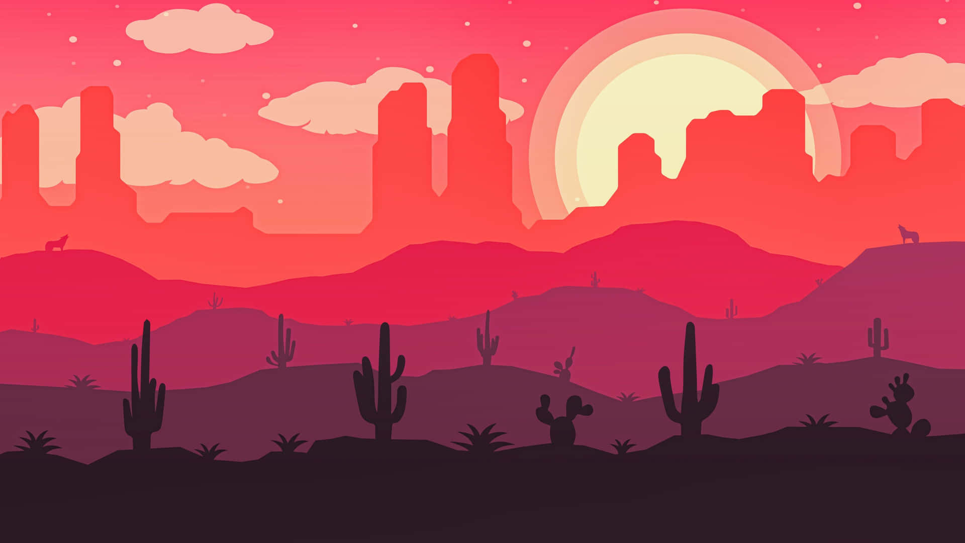 Red Desert And Cacti Vector Background