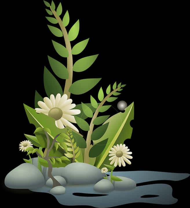Vector Illustration Floral Composition Stones Water PNG