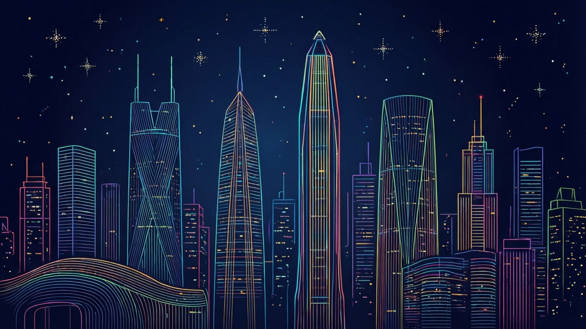 SVG di skyline cittadino in arte lineare con accenti neon