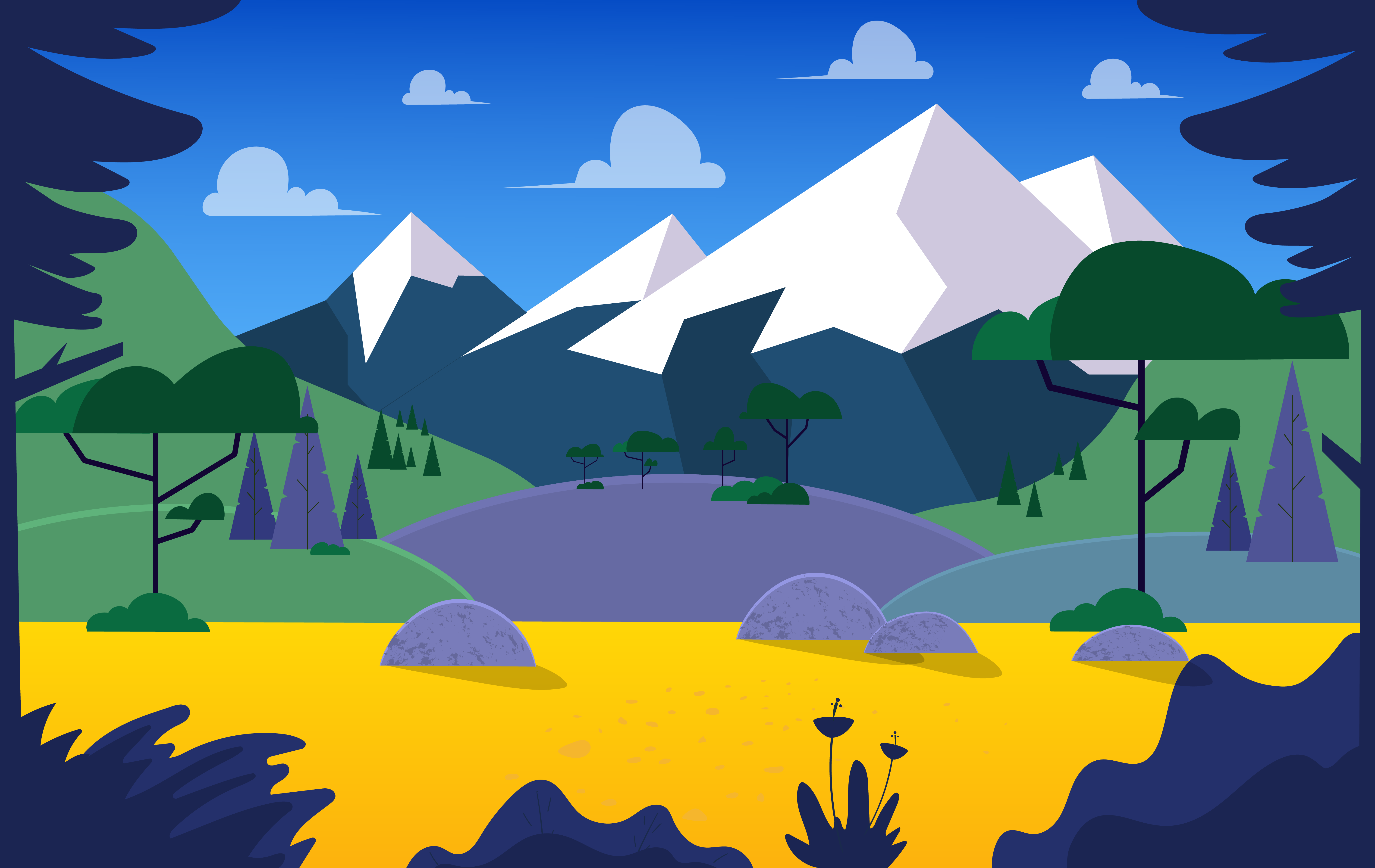 Brightly colored vector shapes in a dynamic pattern Picture — A stylized mountain landscape with snow-capped peaks green forests and a vibrant yellow field under a blue sky with fluffy clouds.