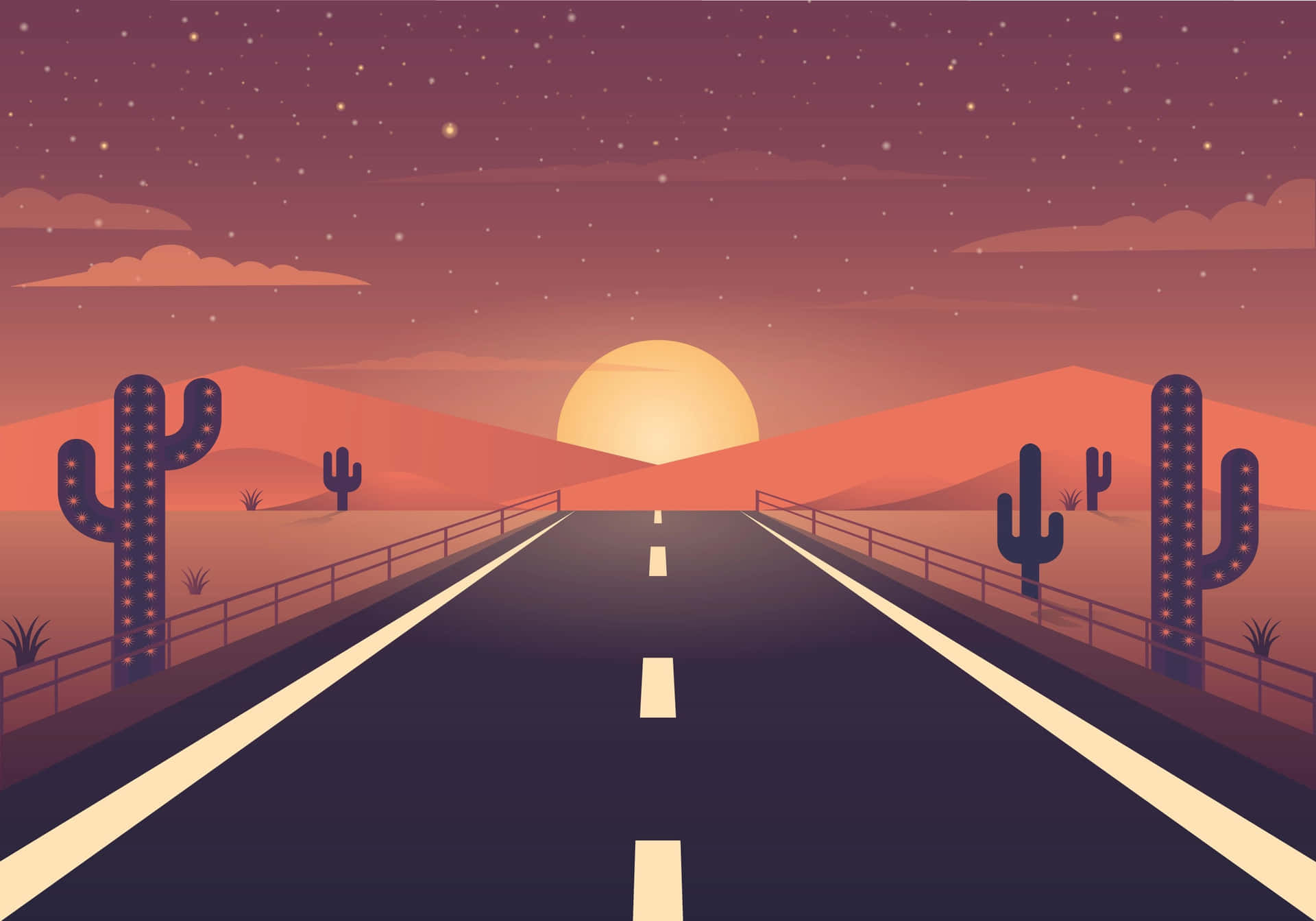 Envej I Ørkenen Ved Solnedgang.