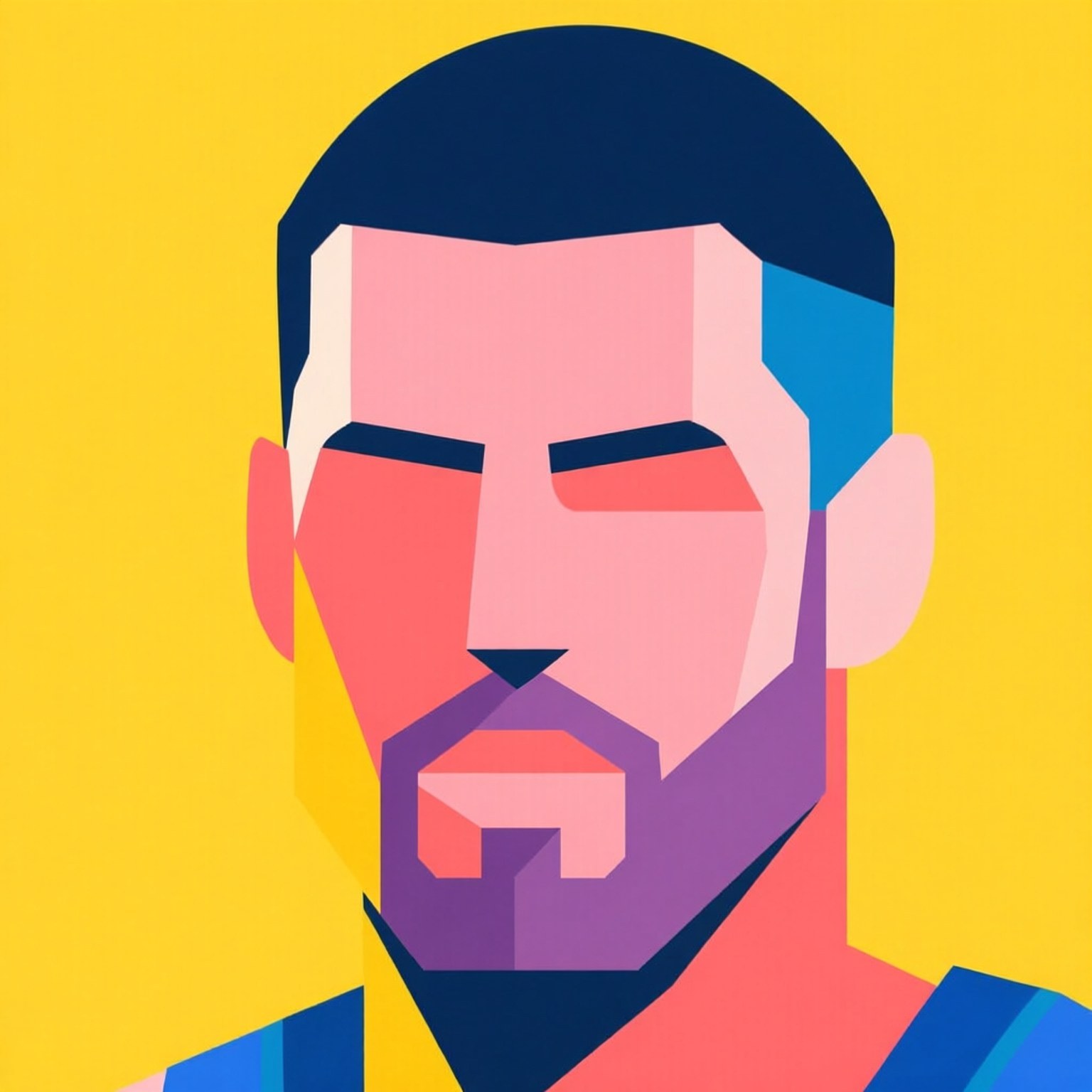 A colorful geometric portrait of a bearded man with bold shapes and vibrant hues.