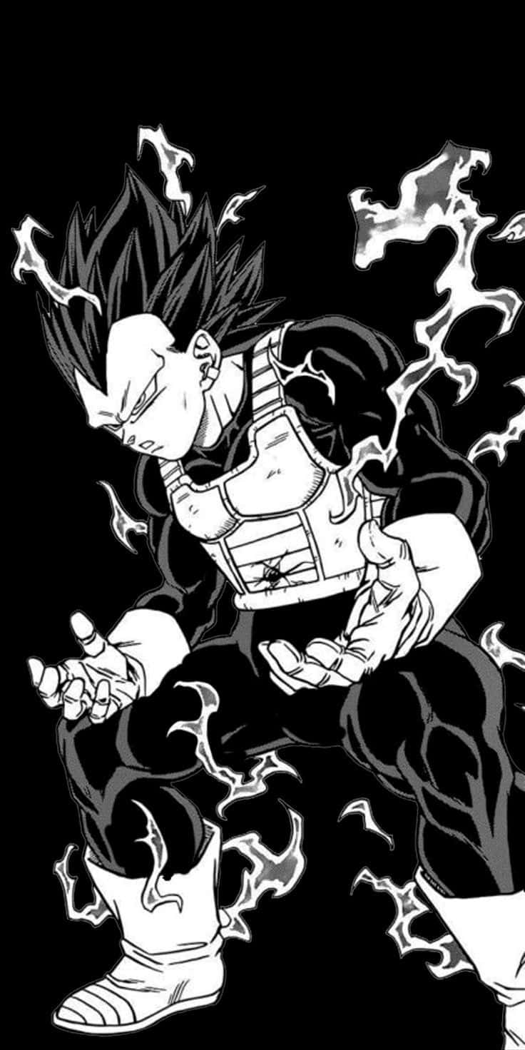 An iconic image of the popular anime character Vegeta in black and white. Wallpaper
