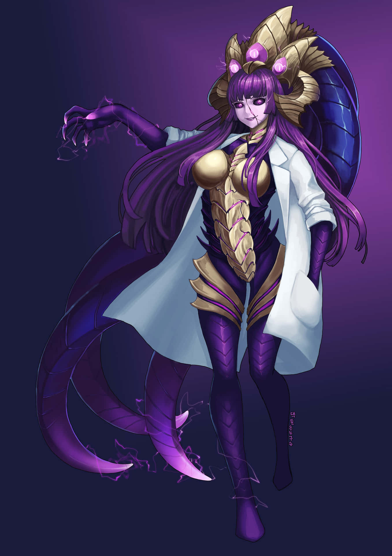 A Female Character With Purple Hair And A Purple Coat Wallpaper