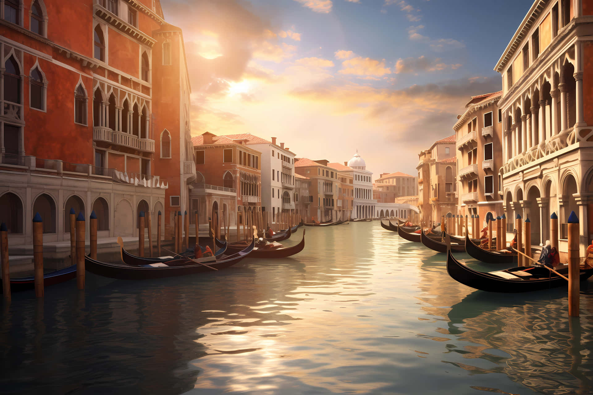 Venetian Canal Sunset Gondolas Wallpaper
