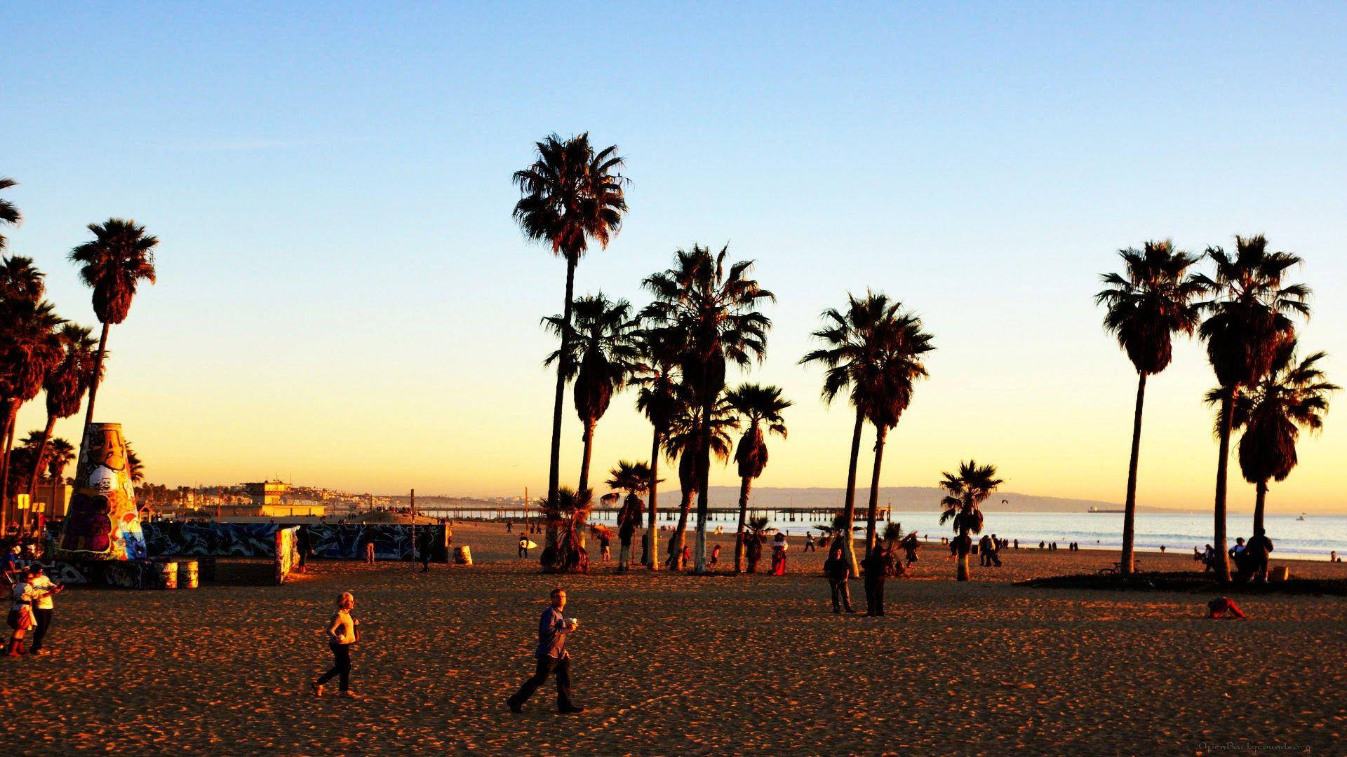 Atardeceren Venice Beach. Personas En La Playa. Fondo de pantalla