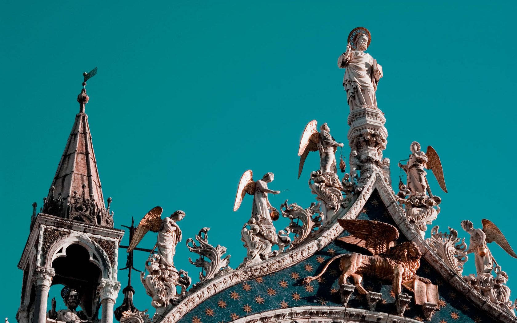 Venice, Statues, Roof, Architecture, Angels, Heaven Background