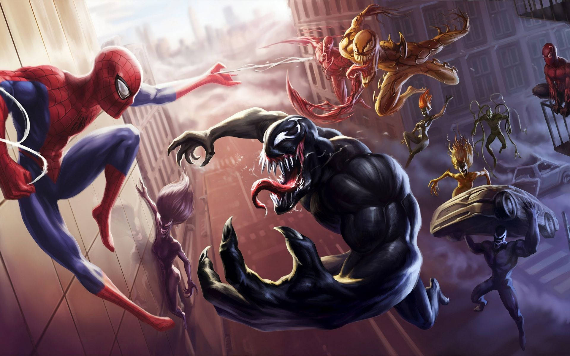 Duo of destruction - Venom and Carnage in dark symbiotic alliance Wallpaper
