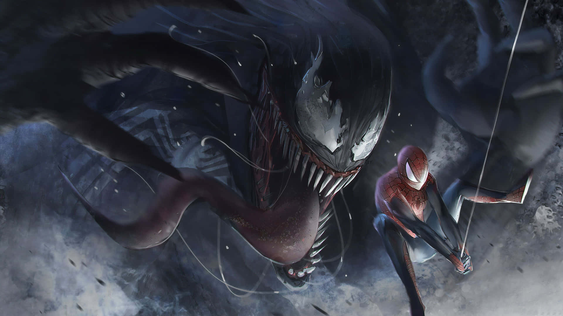 Venom og Spider Man i luften Wallpaper