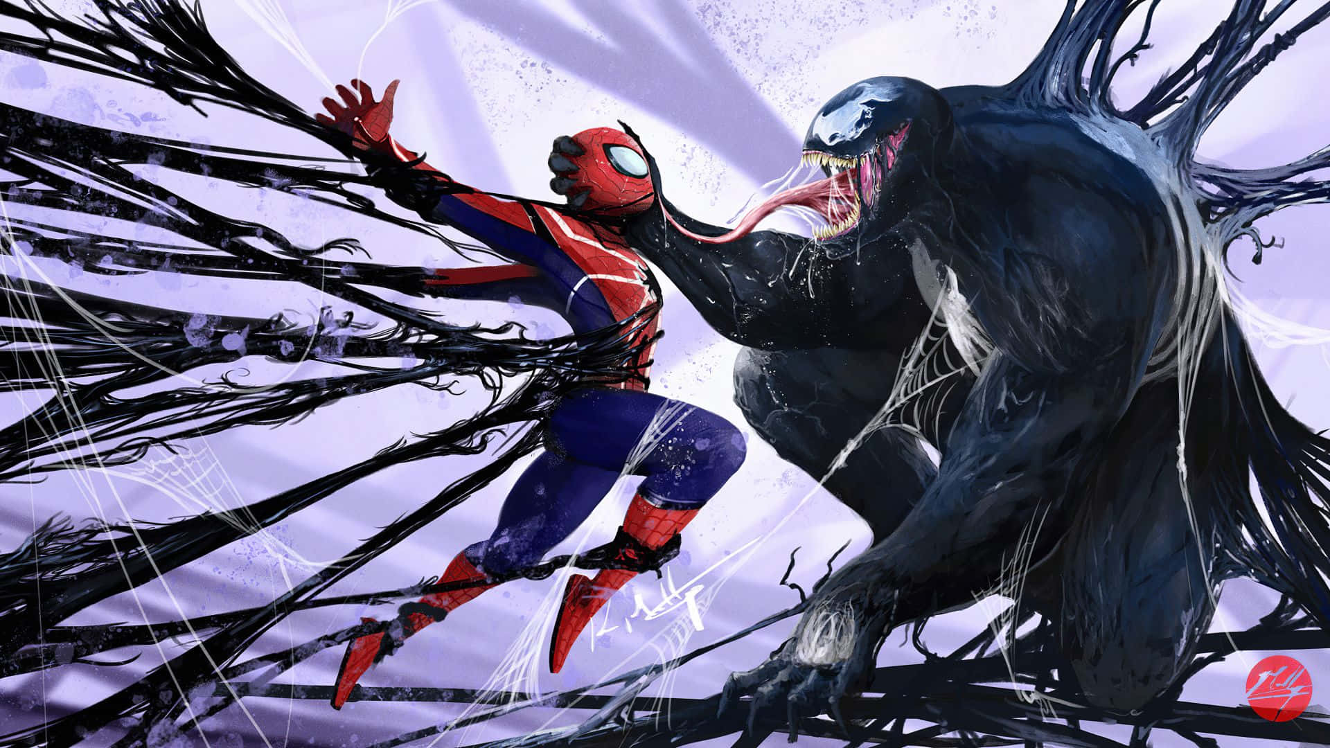 Homemaranha E Venom Lutando Na Teia De Aranha. Papel de Parede