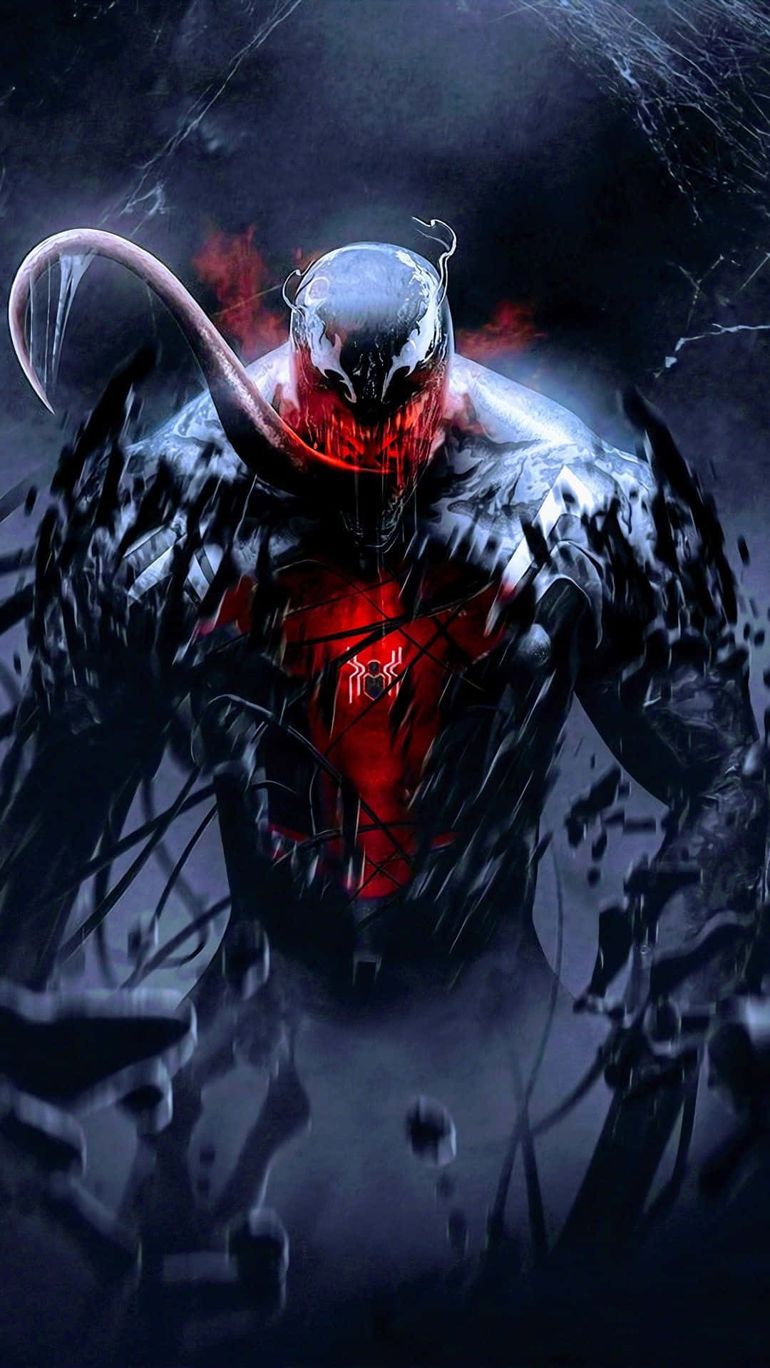 Venom Is Standing In The Dark With His Eyes Glowing Wallpaper