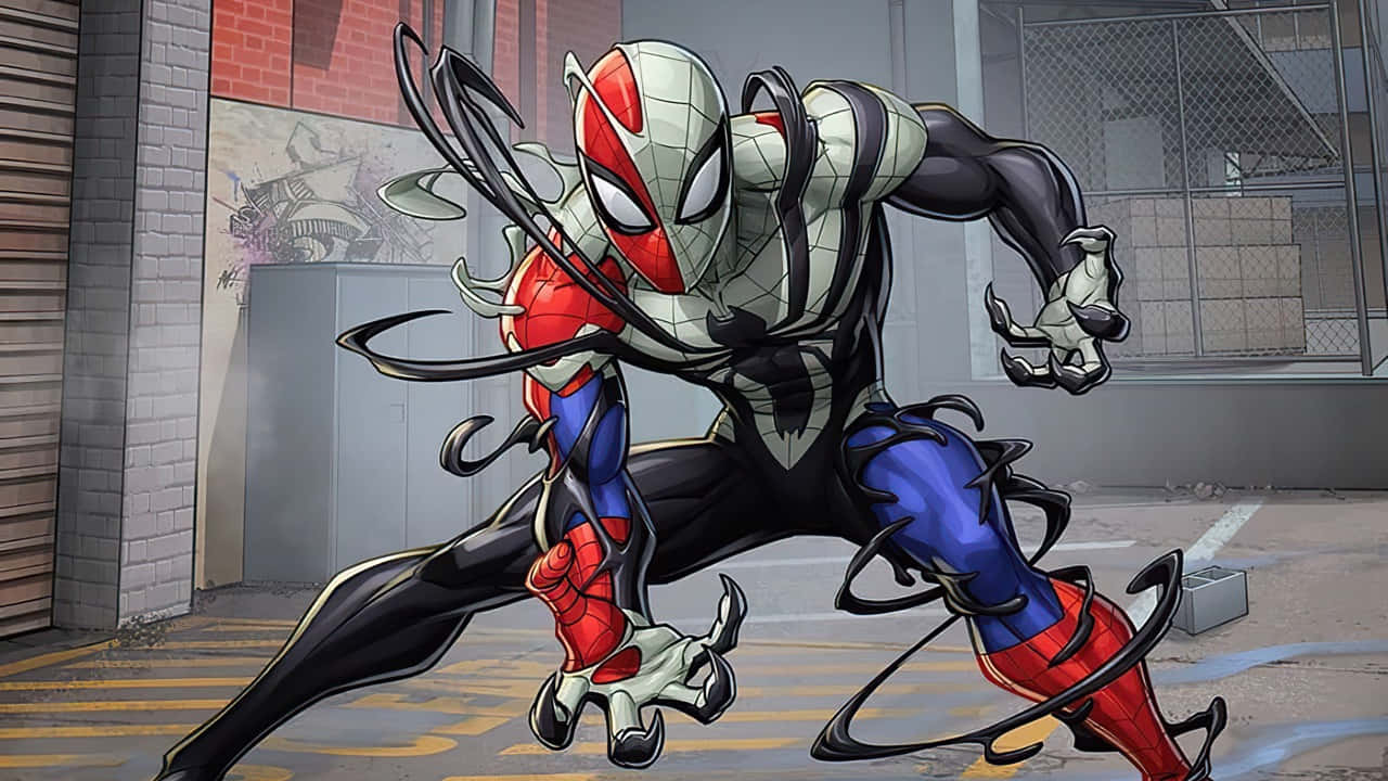 A Venomized Spider-Man Leaps Through the City Wallpaper