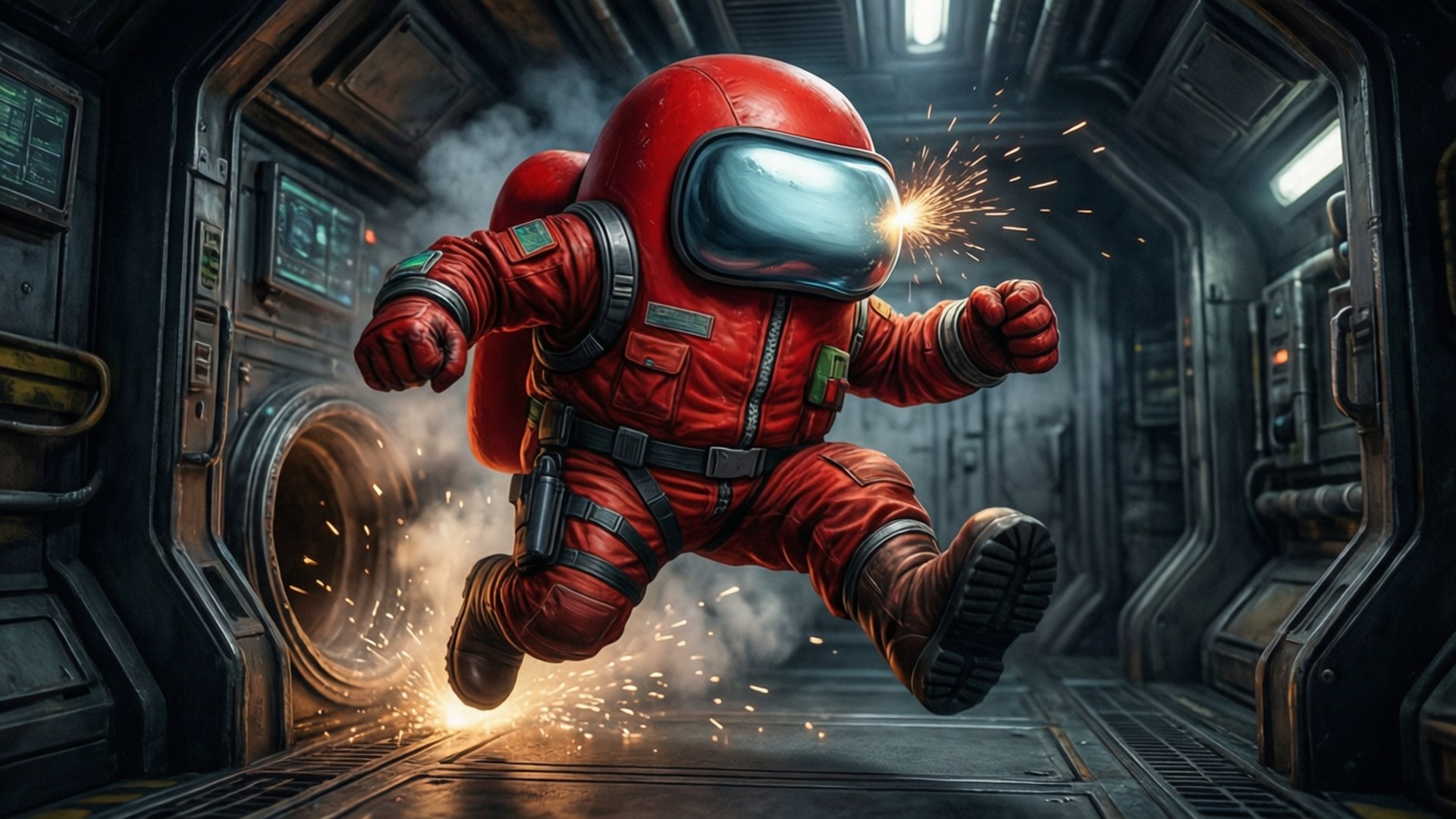 Red crewmate jumping into a vent with sparks.
