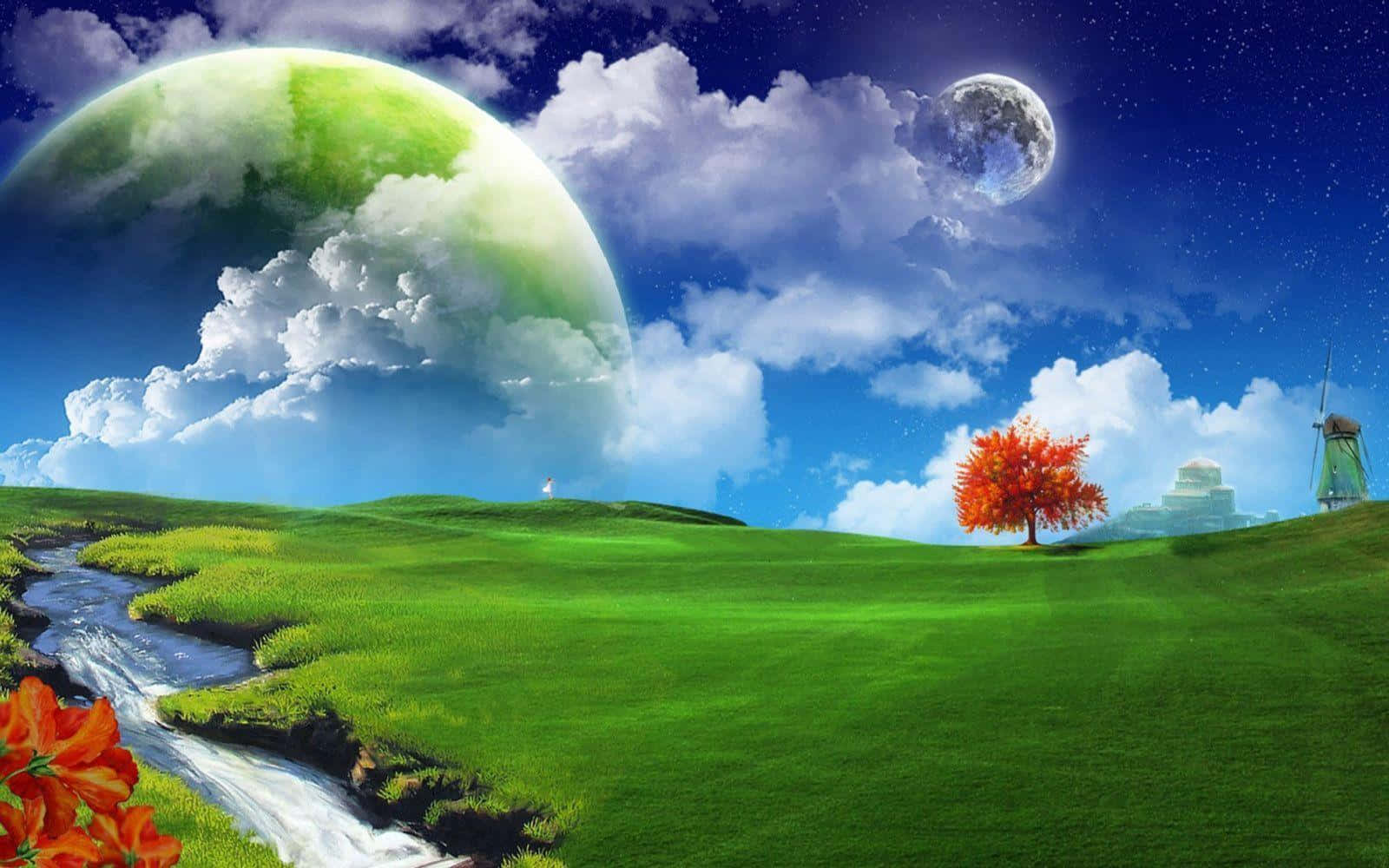 Verdant Fantasy Landscape With Planets.jpg Wallpaper