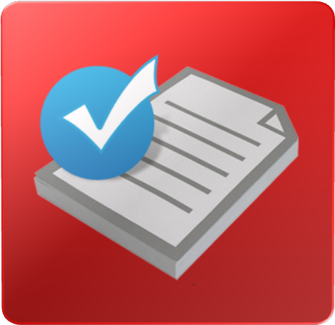 Verified Document Icon PNG — A blue checkmark icon hovers over a gray document on a vibrant red background.