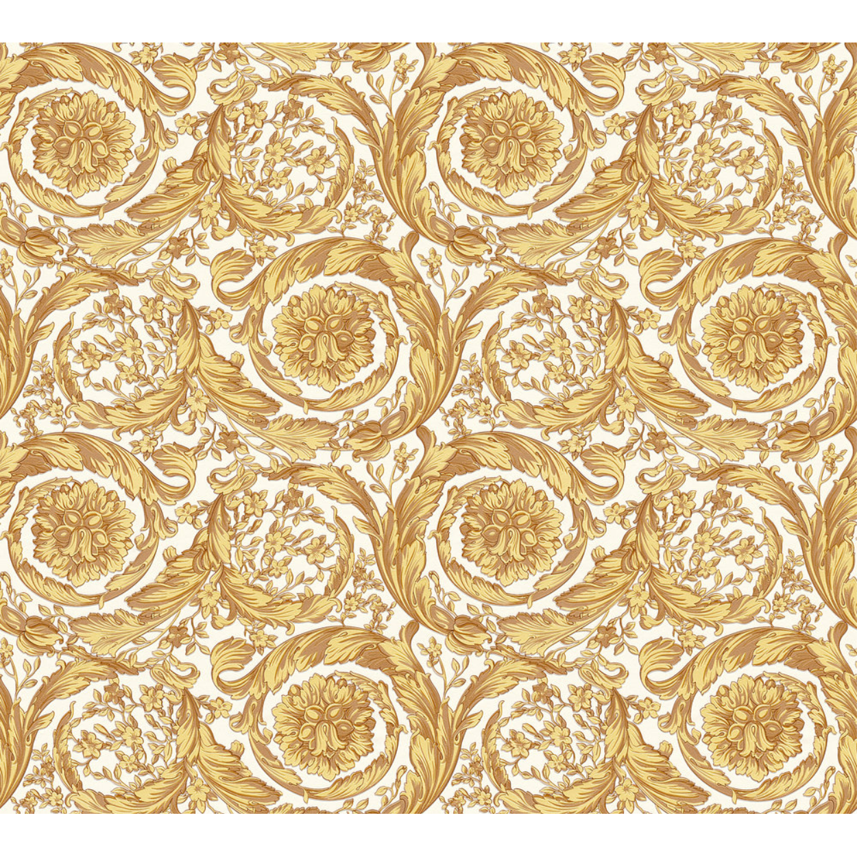 Sejaousado e use Versace. Fundos — Elegantes motivos florais barrocos dourados giram sobre um fundo creme esbranquiçado em um padrão ornamental repetitivo.