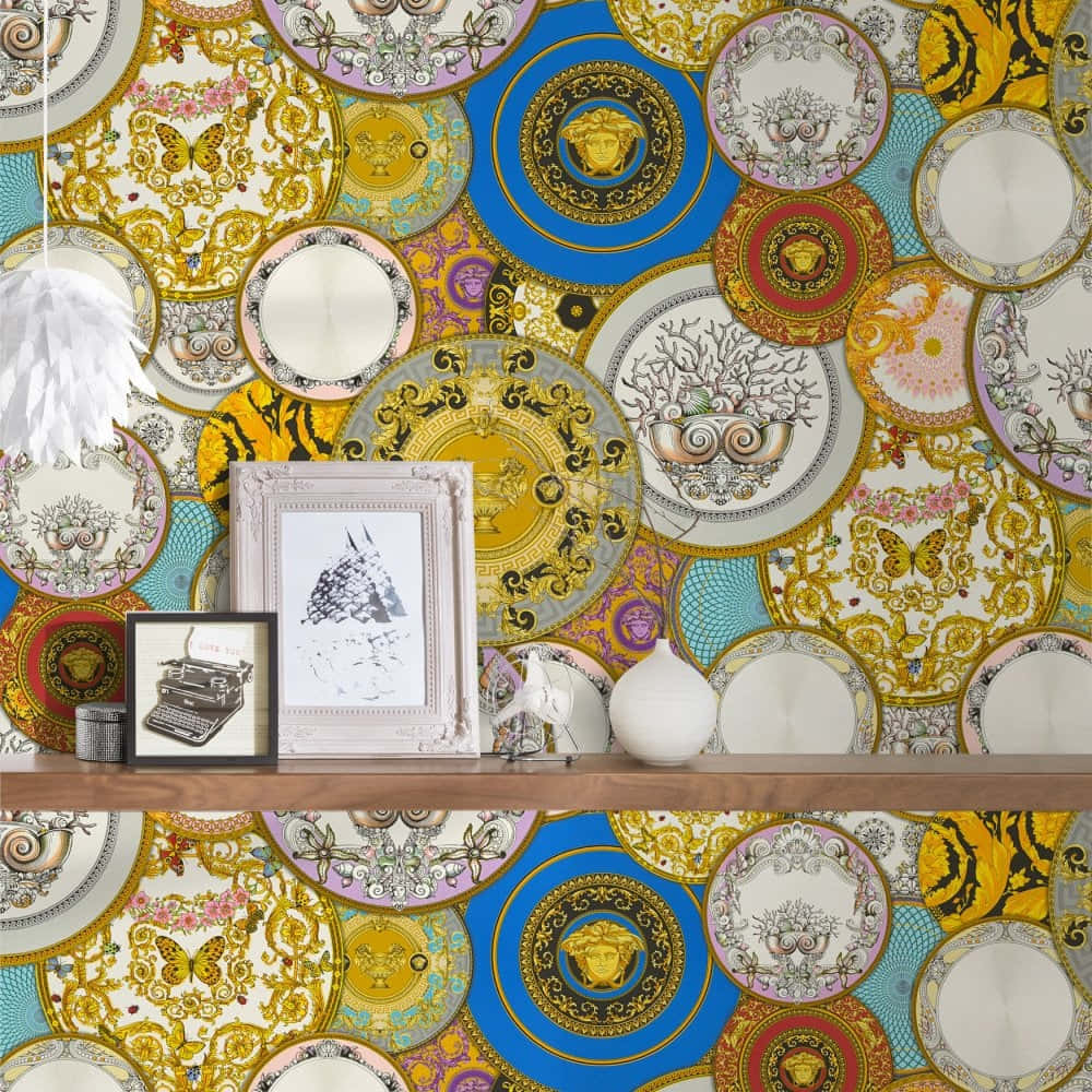 A Room With A Colorful Wallpaper And Plates