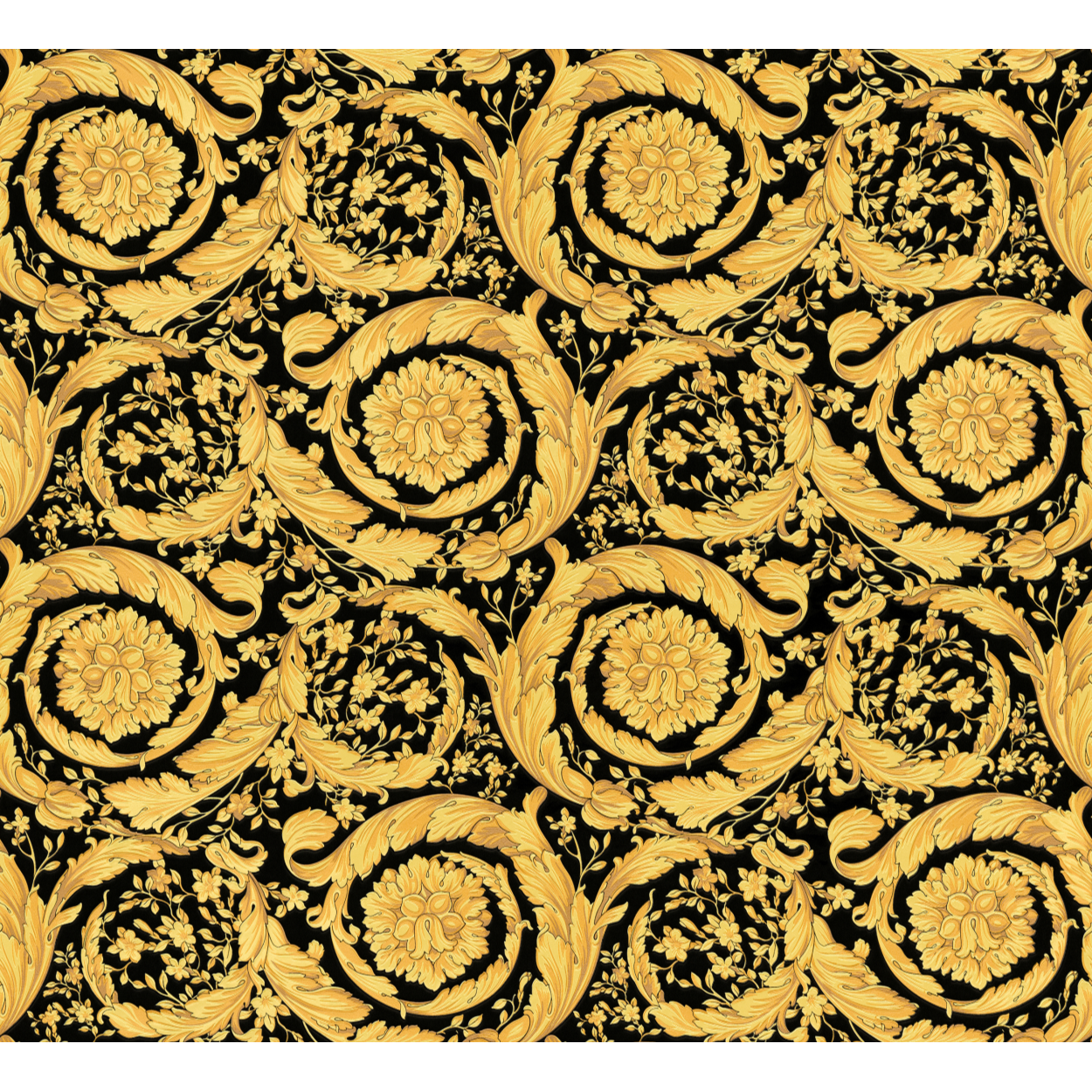 Step into the world of Versace Background — Opulent golden baroque floral scrolls and rosettes repeat across a stark black background in richly detailed wallpaper.