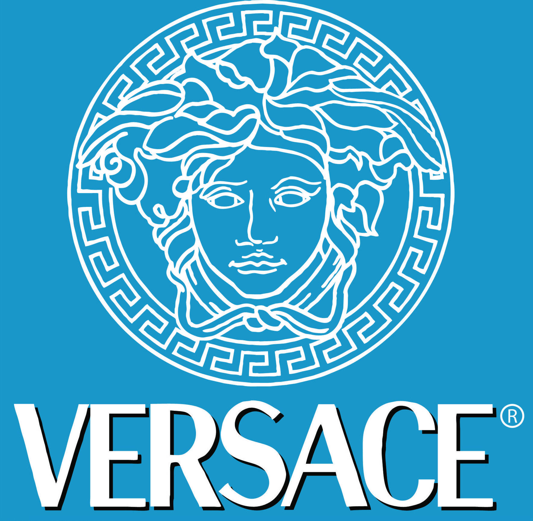 Download Versace Logo On A Blue Background Wallpaper | Wallpapers.com