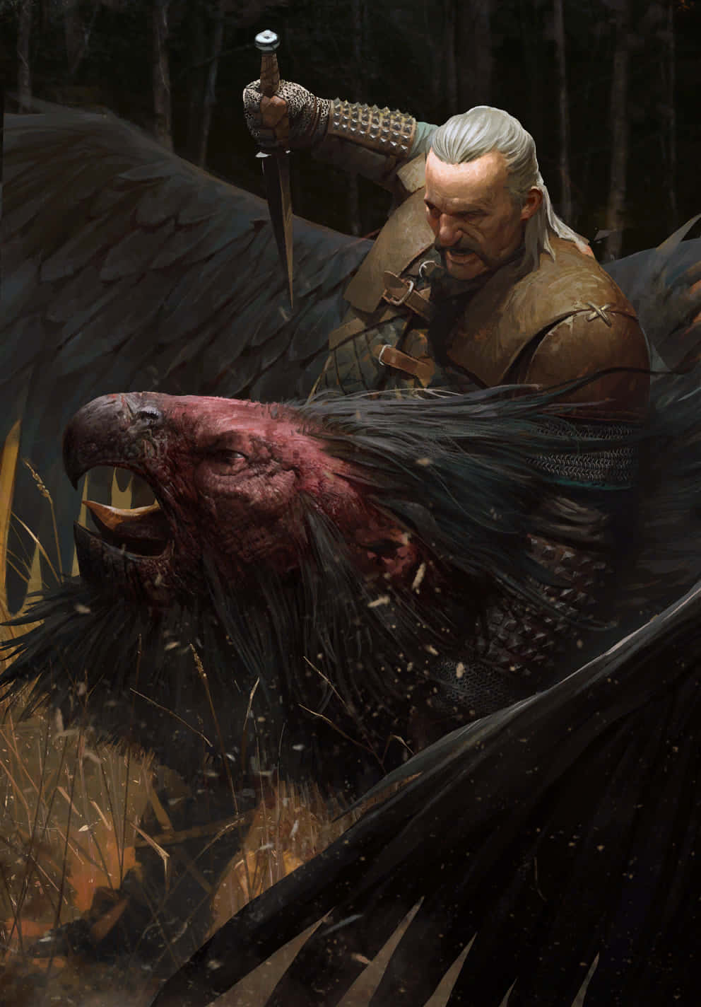 Vesemir Witcher Slaying Griffin Wallpaper