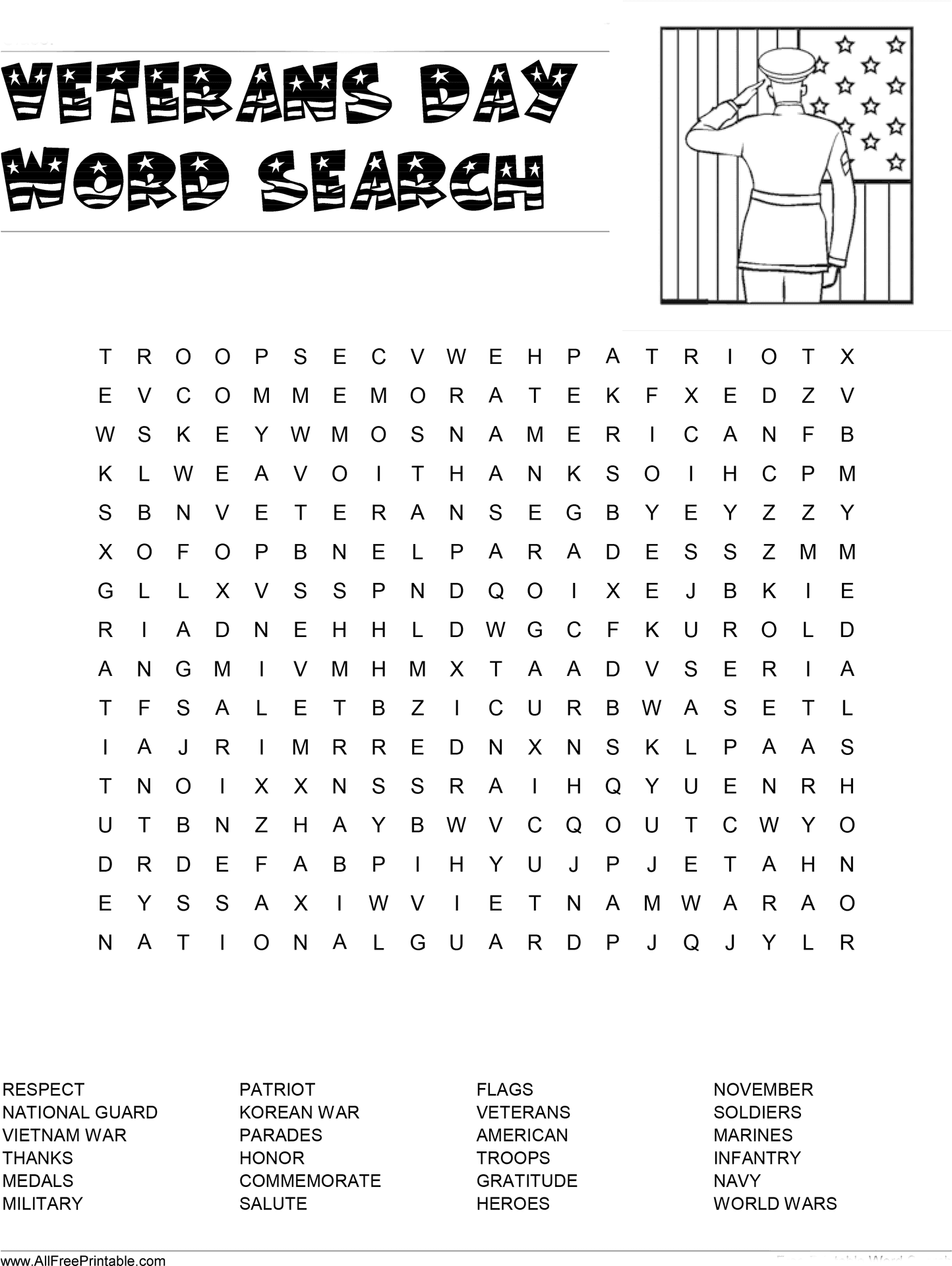 Veterans Day Word Search Puzzle PNG